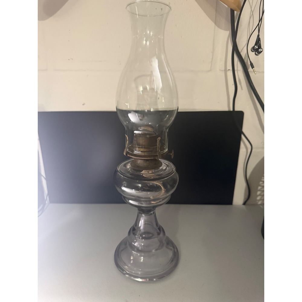 Vintage Clear Glass Oil Lamp Hurricane Chimney Pedestal Base 19 Inch